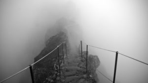 Foot bridge over foggy canyon