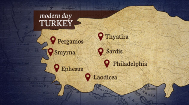 A map of modern day Turkey with seven Churches marked on map