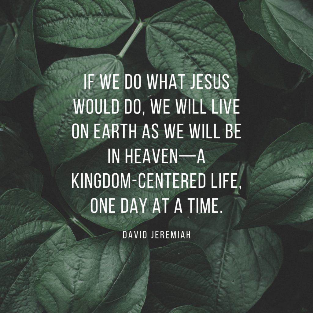 Meme: If we do what Jesus would do, we will live on earth as we will be in Heaven--a kingdom-centered life, one day at a time. David Jeremiah