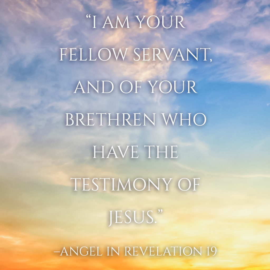 Meme: "I am your fellow servant, and of your brethren who have the testimony of Jesus." -Angel in Revelation 19